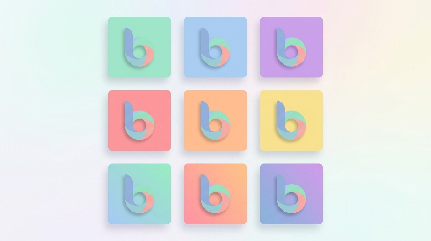 Grid of nine Bremo app icons, the b symbol on solid pastel squares in mint, sky blue, lilac, coral, peach and butter yellow