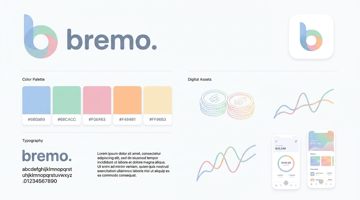 Bremo brand guidelines sheet showing the logo, colour palette with hex values, typography specimen and digital asset illustrations