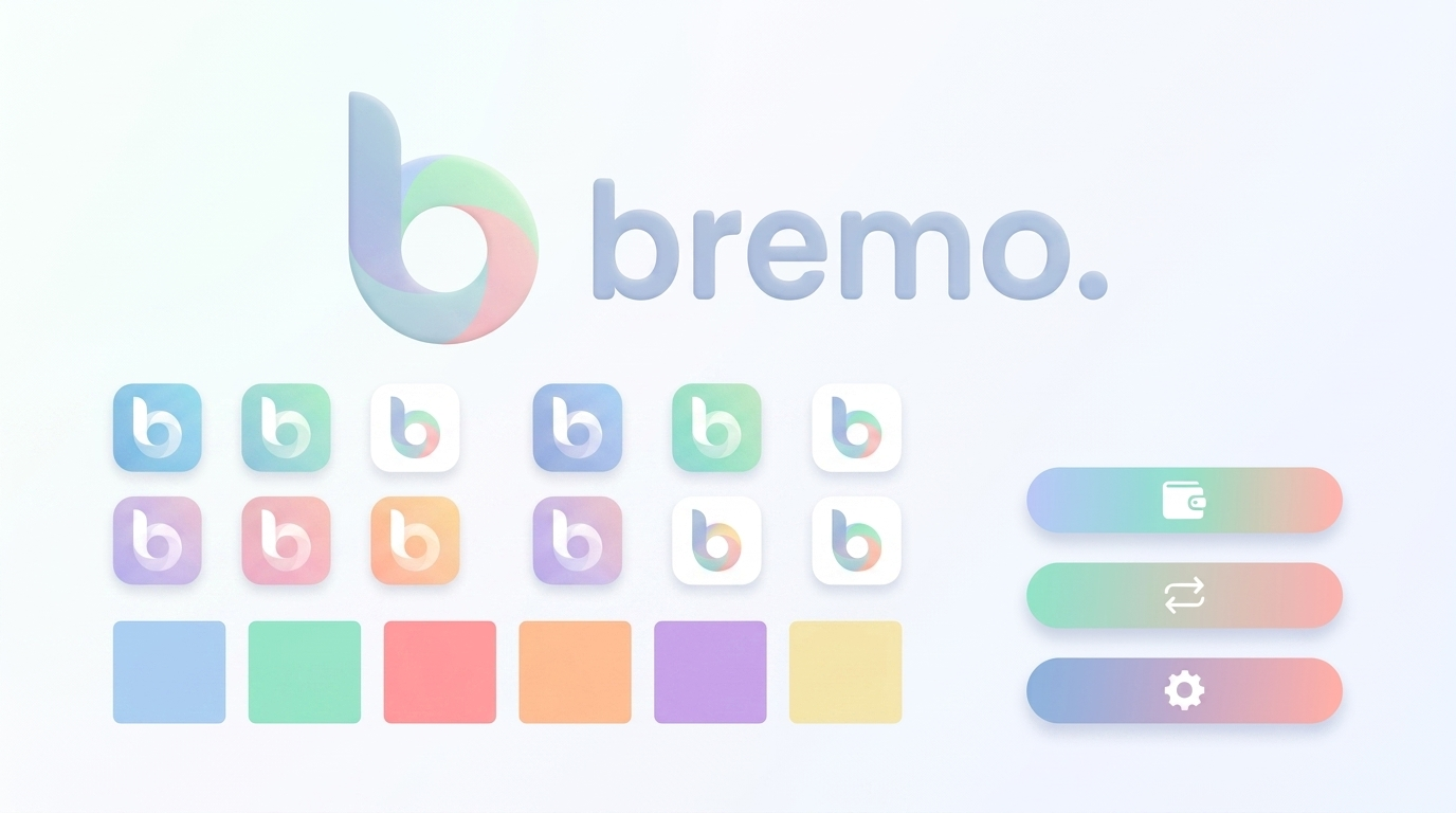 Bremo icon system: b symbol, rounded app icon tiles, the six-colour pastel palette and gradient pill buttons