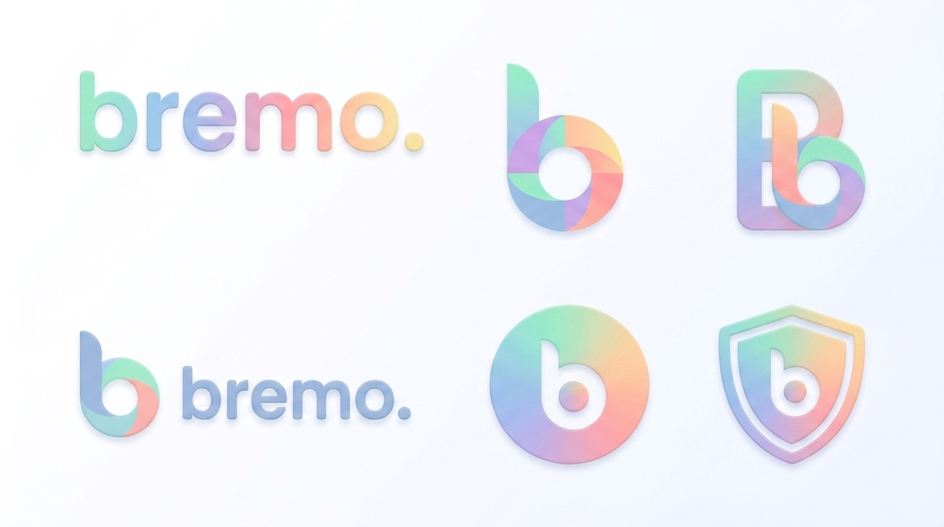 Bremo logo variations including the flat wordmark, the b monogram, a circular coin badge and a shield-enclosed b mark