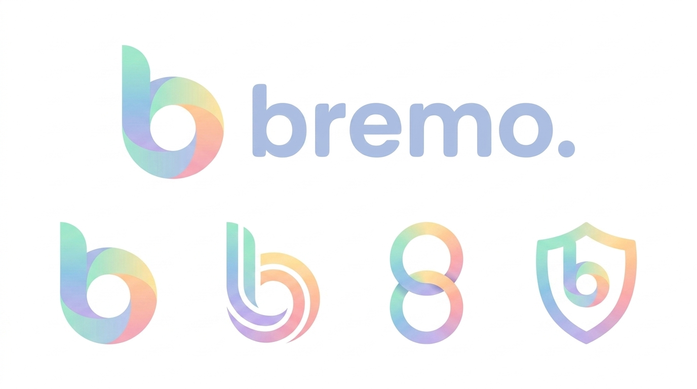 Bremo symbol concepts: the primary b loop mark plus layered b, infinity figure-eight and shield lockup variants in rainbow pastel gradient