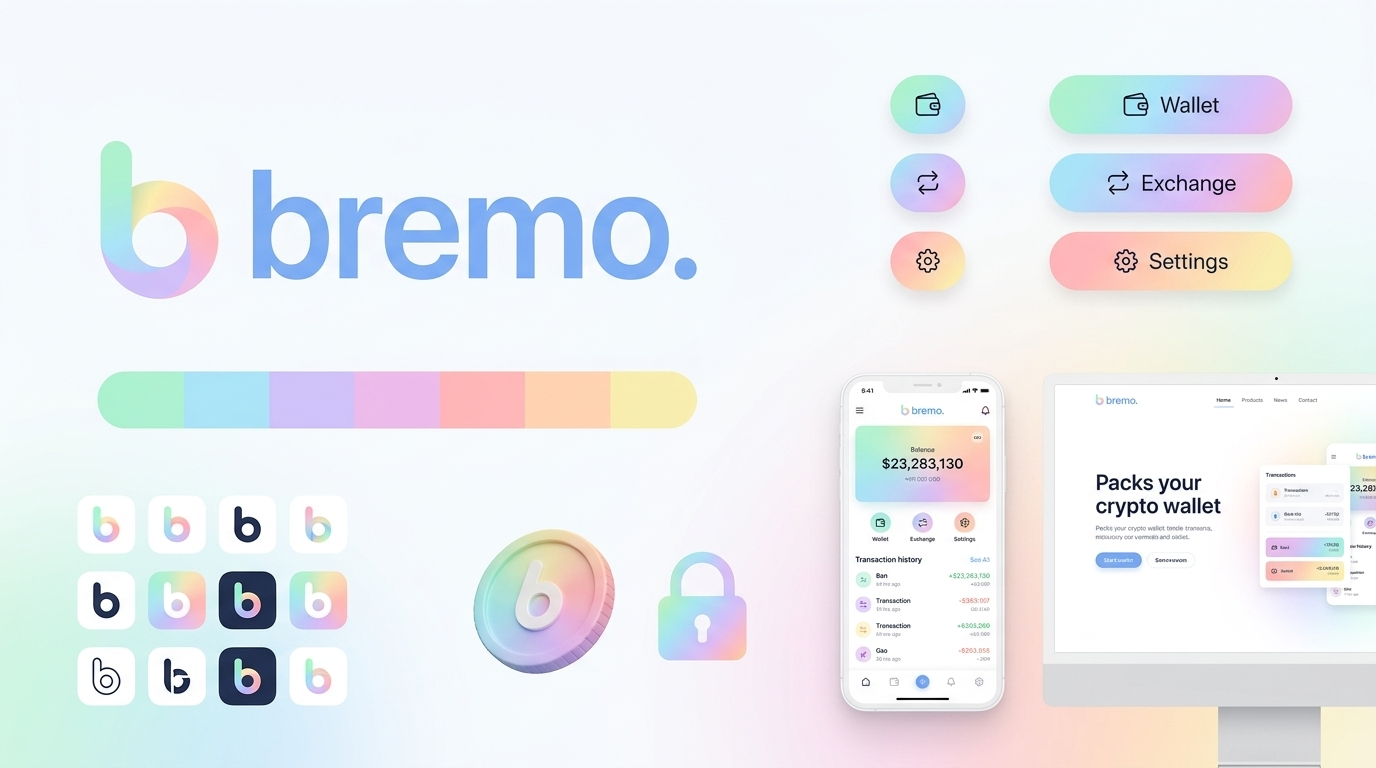 Bremo UI components: gradient pill buttons for Wallet, Exchange and Settings, line icons, and mobile plus desktop app mockups of a crypto wallet